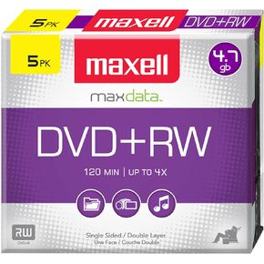 Maxell 634045 DVD-RW Blank Disc - Rewritable 4.7 Gb with Slim Jewel Case, 120min & Max Up to 4x, Superior Archival Life Digital Storage Playback & Up to 1000 Rewrite - 5 Pack