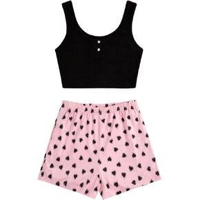 Verdusa Women's 2 Piece Outfits Crop Tank Top and Plaid Shorts Cute Loungewear Pajama Set