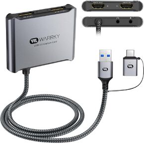 WARRKY 4K HDMI Capture Card [with Fixed USB 3.0 Cable, 4K Loop Out, No-Latency] 1080P 60FPS Cam Link Video/Audio Capture Device for Streaming, Game Recording, Compatible for Nintendo/PS5/xBox/PC-Gray
