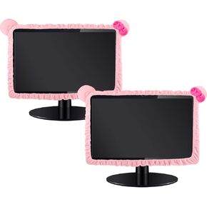Hoteam 2 Pcs 17''-24'' Computer Monitor Cover with Cat Ear Furry Elastic Monitor Dust Cover Pink Desk Accessories Dustproof Cover Kawaii Decor for PC TV Laptop LCD Screen
