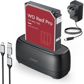 ORICO Hard Drive Docking Station USB 3.2 Gen 1 to SATA Hard Drive Enclosure 1 Bay for 2.5&3.5 Inch SSD HDD Up to 20 TB with 12V Power Supply, Tool-Free and UASP Supported (DD18C3)