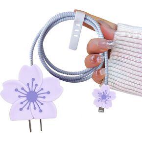 Cherry Blossom Cable Protector for iPhone Adapter Charger, Cute Pretty 3D Flower Design, Soft Silicone Data Cable Cord Saver Phone Charger Protector for iPhone X XR 11 12 13 14 15 16 Pro Max-Purple in Kuwait
