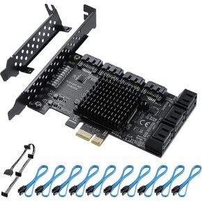 PCIE 1X SATA Card 10 Ports,6 Gbps SATA 3.0 Controller PCIe Expansion Card,Non-Raid,Support 10 SATA 3.0 Devices,with Low Profile Bracket and 10 SATA Cables（Chip:ASM1166）