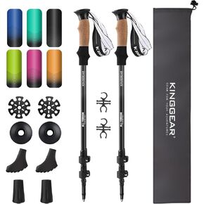 KINGGEAR Walking Stick, Lightweight 7075 Aluminum Adjustable Hiking Poles, Trekking Poles with Flip Lock, Retractable, Natural Anti-Sweat Cork and EVA Grips