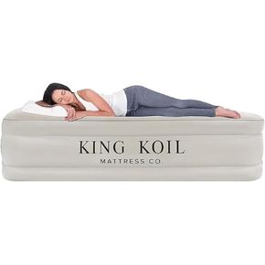 King Koil Luxury Plush Pillow Top Queen Size Air Mattress with Built-in High-Speed Pump for Home, Camping, Guests Inflatable Airbed Double High Blow Up Bed, Durable Waterproof, 1-Year Warranty