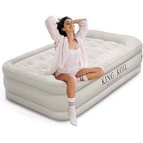King Koil Luxury Pillow Top Plush Queen Air Mattress with High-Speed Built-in Pump, Blow Up Bed Top Side Flocking, Puncture Resistant, Double High Inflatable Airbed Guests or Travel 1-Year Warranty