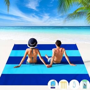 BYDOLL Beach Blanket 78''×81'' 4-7 Adults Oversized Lightweight Waterproof Sandproof Large Picnic Mat for Travel Camping Hiking Picnic(78" X 81", Blue-Mixed)