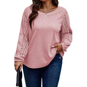 Eytino Womens Plus Size Tops Lace Long Sleeve Waffle T Shirts Casual Crewneck Tunic Tops(1X-5X)