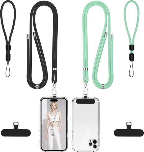 Phone Lanyard, 2 Pack Adjustable Cell Phone Lanyard Crossbody Neck Strap & 2 Pack Phone Wrist Strap with 2 Pcs Tether Tabs Compatible for iPhone Android Smartphones-Black Grey in Saudi Arabia