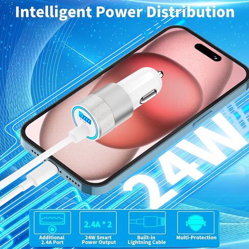 Apple MFi Certified iPhone Car Charger Fast Charging + 6FT Lightning Cable | Caiinei 4.8A Dual USB Car Phone Charger Car Accessories Cigarette Lighter Adapter for iPhone 14 13 12 11 Pro XS Max XR X iPad in Kuwait