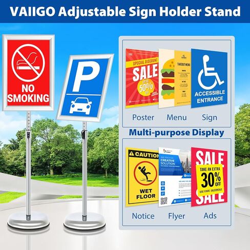 6Packs Floor Standing Sign Holder Stands for Display 8.5x11Inch Pedestal Poster Sign Stand, Adjustable Sign Holder Stand for Vertical & Horizontal View Sign Display Stand, Silver in Saudi Arabia