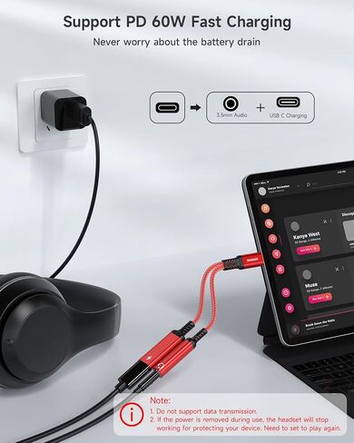 ZOOAUX USB C to 3.5mm Headphone and Charger Adapter,2 in 1 USB C to Aux Audio Jack with PD 60W Fast Charging Dongle Cable Cord for Galaxy S23/S22/S21/S20 Ultra, iPad Pro,Pixel(Black) in Kuwait