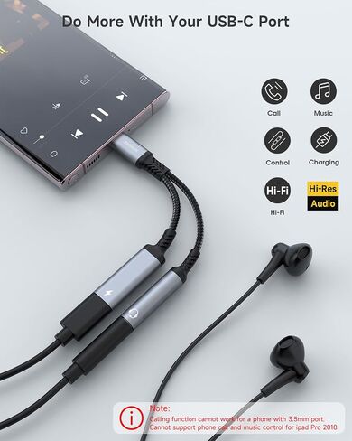 ZOOAUX USB C to 3.5mm Headphone and Charger Adapter,2 in 1 USB C to Aux Audio Jack with PD 60W Fast Charging Dongle Cable Cord for Galaxy S23/S22/S21/S20 Ultra, iPad Pro,Pixel(Black) in Kuwait