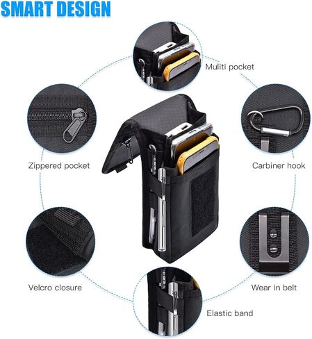 Dual Phone Holster,Belt Phone Pouch, Large Smartphone Pouch Cell Phone Holder, Multi-Purpose Tactical Phone Pouch, Cell Phone Holder for Work, Hiking, Camping, Barbecue, Rescue (Black, XL) in Kuwait