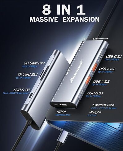 Hiearcool USB C Hub, USB C Multi-Port Adapter for MacBook Pro, 7IN1 USB C to HDMI Hub Dongle Compatible for USB C Laptops and Other Type C Devices (4K HDMI USB3.0 SD/TF Card Reader 100W PD) in Saudi Arabia