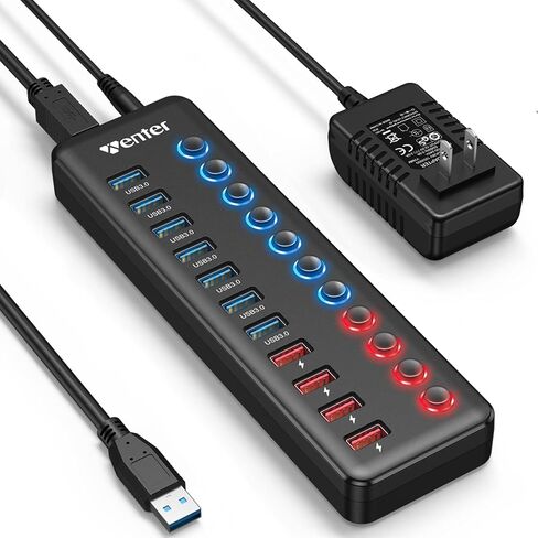 Powered USB 3.0 Hub, Wenter 11-Port Hub Splitter (7 Faster Data Transfer Ports+ 4 Smart Charging Ports) with Individual LED On/Off Switches, Power Adapter for Mac, PC in Saudi Arabia