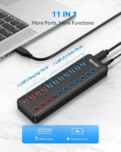 Powered USB 3.0 Hub, Wenter 11-Port Hub Splitter (7 Faster Data Transfer Ports+ 4 Smart Charging Ports) with Individual LED On/Off Switches, Power Adapter for Mac, PC in Saudi Arabia
