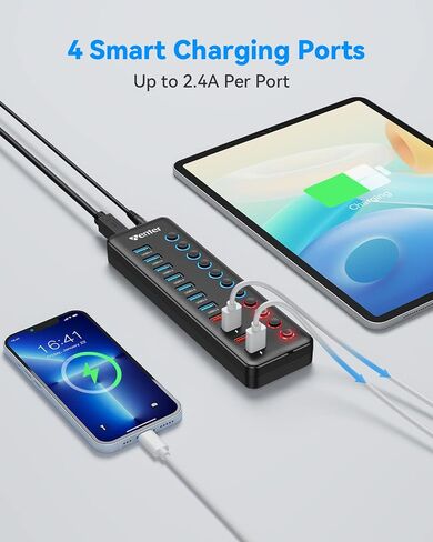 Powered USB 3.0 Hub, Wenter 11-Port Hub Splitter (7 Faster Data Transfer Ports+ 4 Smart Charging Ports) with Individual LED On/Off Switches, Power Adapter for Mac, PC in Saudi Arabia