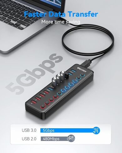 Powered USB 3.0 Hub, Wenter 11-Port Hub Splitter (7 Faster Data Transfer Ports+ 4 Smart Charging Ports) with Individual LED On/Off Switches, Power Adapter for Mac, PC in Saudi Arabia