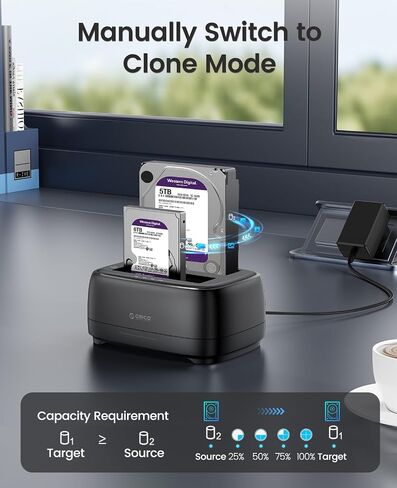 ORICO Hard Drive Docking Station with Offline Clone USB 3.2 Gen 1 to SATA Hard Drive Dock Dual Bay for 2.5&3.5 Inch SSD HDD Up to 40 TB with 12V Power Supply, Tool-Free and UASP Supported (DD28C3-C) in Saudi Arabia