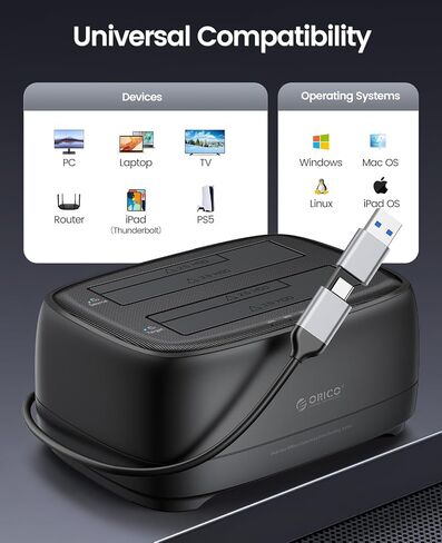 ORICO Hard Drive Docking Station with Offline Clone USB 3.2 Gen 1 to SATA Hard Drive Dock Dual Bay for 2.5&3.5 Inch SSD HDD Up to 40 TB with 12V Power Supply, Tool-Free and UASP Supported (DD28C3-C) in Saudi Arabia