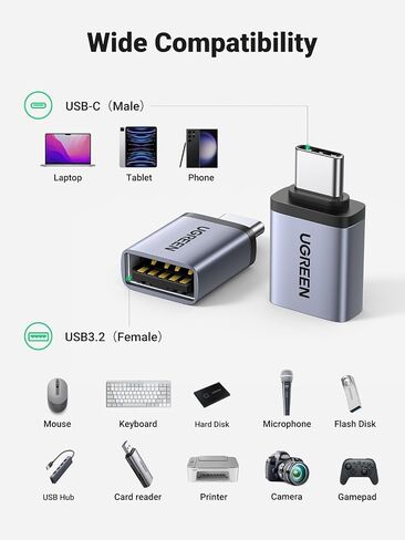 محول UGREEN USB إلى USB C بسرعة 10 جيجابت في الثانية، 2 حزمة محول USB C إلى USB USB C 3.2 Gen 2 ذكر إلى USB A أنثى محول متوافق مع iPhone 16 15 Pro/Samsung/MacBook Pro/Air/iPad Pro، Thunderbolt 4/3، رمادي in Saudi Arabia