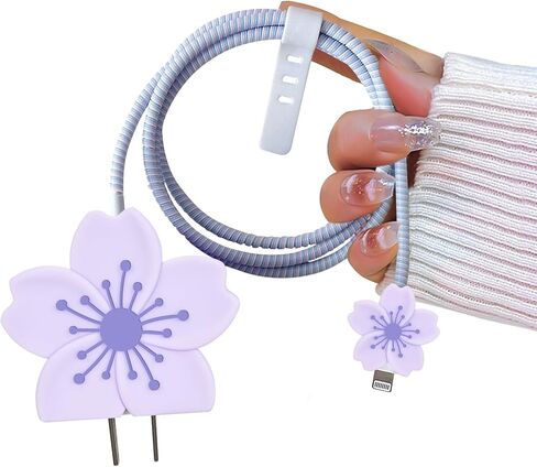 Cherry Blossom Cable Protector for iPhone Adapter Charger, Cute Pretty 3D Flower Design, Soft Silicone Data Cable Cord Saver Phone Charger Protector for iPhone X XR 11 12 13 14 15 16 Pro Max-Purple in Kuwait