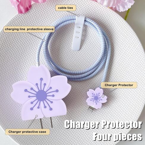 Cherry Blossom Cable Protector for iPhone Adapter Charger, Cute Pretty 3D Flower Design, Soft Silicone Data Cable Cord Saver Phone Charger Protector for iPhone X XR 11 12 13 14 15 16 Pro Max-Purple in Kuwait