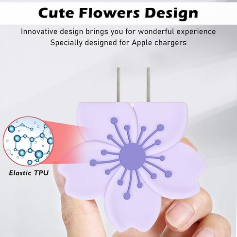 Cherry Blossom Cable Protector for iPhone Adapter Charger, Cute Pretty 3D Flower Design, Soft Silicone Data Cable Cord Saver Phone Charger Protector for iPhone X XR 11 12 13 14 15 16 Pro Max-Purple in Kuwait