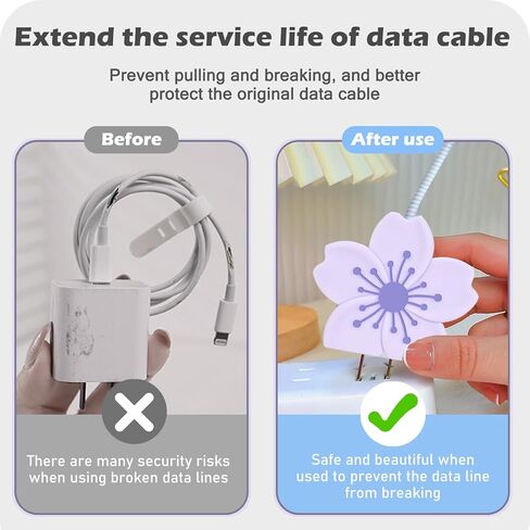 Cherry Blossom Cable Protector for iPhone Adapter Charger, Cute Pretty 3D Flower Design, Soft Silicone Data Cable Cord Saver Phone Charger Protector for iPhone X XR 11 12 13 14 15 16 Pro Max-Purple in Kuwait