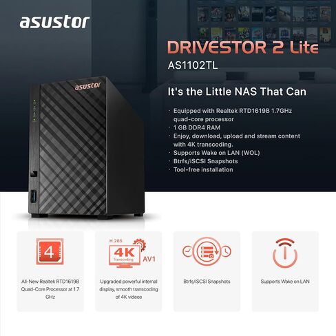 Asustor Drivestor 2 Lite AS1102TL, 2 Bay NAS Enclosure Network Storage, 1.7GHz Quad Core, 1GbE Port, 1GB RAM DDR4, Network Attached Storage for Cloud Storage (Diskless) in Kuwait