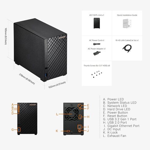 Asustor Drivestor 2 Lite AS1102TL, 2 Bay NAS Enclosure Network Storage, 1.7GHz Quad Core, 1GbE Port, 1GB RAM DDR4, Network Attached Storage for Cloud Storage (Diskless) in Kuwait