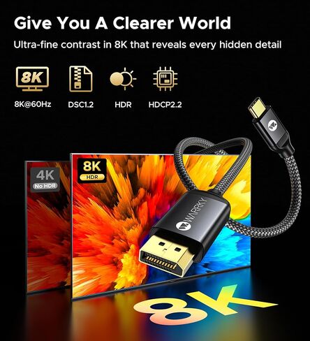 كابل Warrky USB C إلى DisplayPort 8K 60 هرتز [قابس ثابت مطلي بالذهب، حافظة معدنية] 4K 240 هرتز، 2K 360 هرتز نوع C لعرض سلك المنفذ، Thunderbolt 3/4 متوافق مع MacBook Pro/Air، iPhone 15، iPad، Galaxy in Kuwait