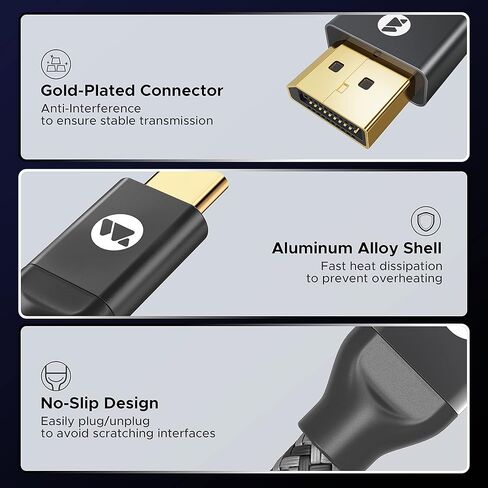 كابل Warrky USB C إلى DisplayPort 8K 60 هرتز [قابس ثابت مطلي بالذهب، حافظة معدنية] 4K 240 هرتز، 2K 360 هرتز نوع C لعرض سلك المنفذ، Thunderbolt 3/4 متوافق مع MacBook Pro/Air، iPhone 15، iPad، Galaxy in Kuwait