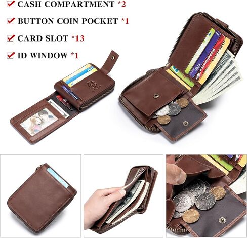 Genuine Leather Wallet for Men RFID Blocking Credit Card Wallet with Zipper ID Window Coin Pocket, Coffee in Saudi Arabia