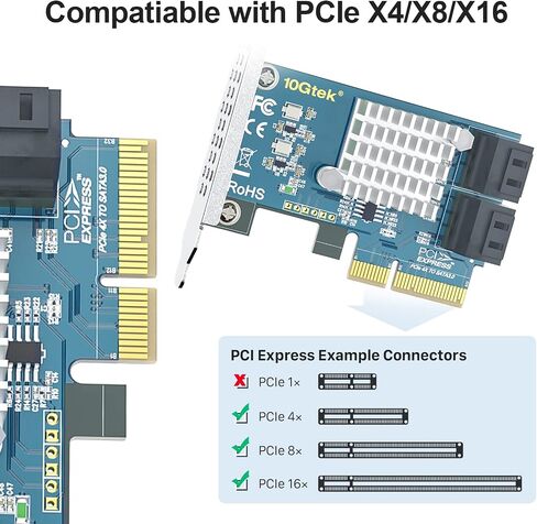 10Gtek 10-Port PCIe SATA Expansion Card, SATA3.0 6Gbps Controller with 10x SATA Cables, JMicron JMB582 Chipset, Supports Non-RAID HDD/SSD, Includes Full-Height Bracket, Fits PCIe x1/x4/x8/x16 Slots in Saudi Arabia