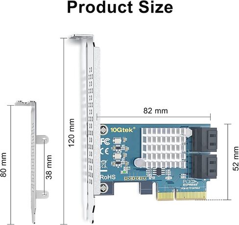 10Gtek 10-Port PCIe SATA Expansion Card, SATA3.0 6Gbps Controller with 10x SATA Cables, JMicron JMB582 Chipset, Supports Non-RAID HDD/SSD, Includes Full-Height Bracket, Fits PCIe x1/x4/x8/x16 Slots in Saudi Arabia