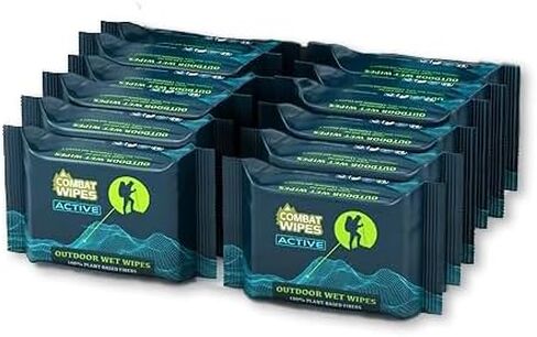 Combat Wipes ACTIVE Outdoor Wet Wipes - Extra Thick Camping Gear, Biodegradable, Body & Hand Cleansing/Refreshing Cloths for Backpacking & Gym w/Natural Aloe & Vitamin E, 25 Count in Kuwait