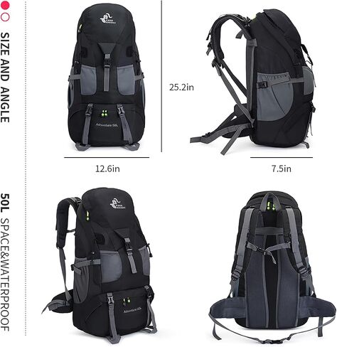 Bseash 50L Hiking Backpack, Water Resistant Lightweight Outdoor Sport Daypack Travel Bag for Camping Climbing Skiing Cycling (Black - No Shoe Compartment) in Saudi Arabia