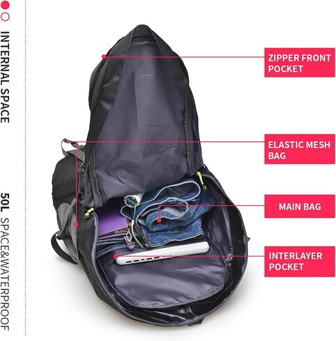 Bseash 50L Hiking Backpack, Water Resistant Lightweight Outdoor Sport Daypack Travel Bag for Camping Climbing Skiing Cycling (Black - No Shoe Compartment) in Saudi Arabia