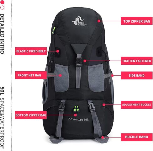 Bseash 50L Hiking Backpack, Water Resistant Lightweight Outdoor Sport Daypack Travel Bag for Camping Climbing Skiing Cycling (Black - No Shoe Compartment) in Saudi Arabia