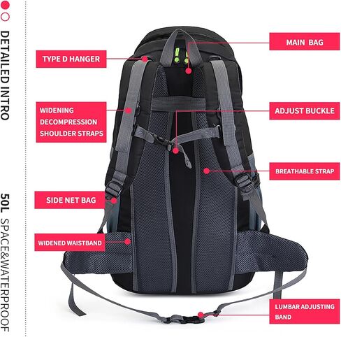 Bseash 50L Hiking Backpack, Water Resistant Lightweight Outdoor Sport Daypack Travel Bag for Camping Climbing Skiing Cycling (Black - No Shoe Compartment) in Saudi Arabia