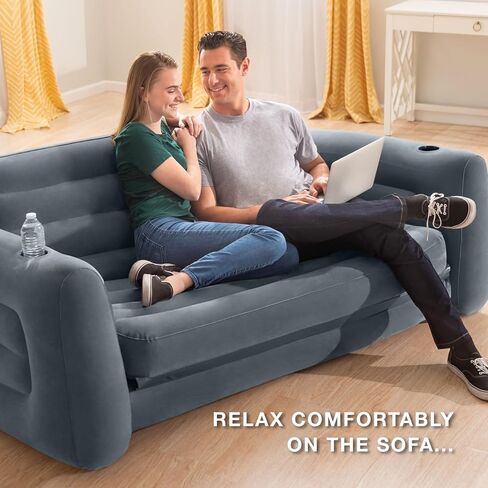 Intex 66552EP Inflatable Pull-Out Sofa: Built-in Cupholder – Velvety Surface – 2-in-1 Valve – Folds Compactly – 46" x 88" x 26" in Saudi Arabia