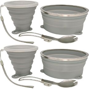 Mess Kit for Camping Silicone Collapsible Bowl Collapsible Cup and Stainless Steel Spoon for Backpacking Outdoor Hiking Traveling and Picnic - 2 Pack