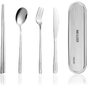 Travel cutlery set, 18/8 stainless steel cutlery, Travelling cutlery with metal casing，Reusable utensils set with case, Portable Silverware Lunch Box for Camping and Office