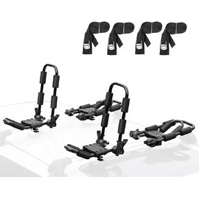 Leader Accessories Folding Kayak Rack 4 PCS/Set J Bar Car Roof Rack for Canoe Surf Board SUP On Roof Top Mount on SUV, Car and Truck Crossbar with 4 pcs Tie Down Straps