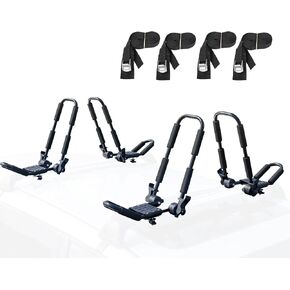 Leader Accessories Folding Kayak Rack 4 PCS/Set J Bar Car Roof Rack for Canoe Surf Board SUP On Roof Top Mount on SUV, Car and Truck Crossbar with 4 pcs Tie Down Straps