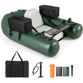 Goplus Inflatable Float Tube, Fishing Belly Boat with Fish Ruler, 2 Detachable Storage Bags, Pump, Carry Bag, PVC Fish Boat w/Reinforced Drop Stitch Core for Rivers Lakes Angling, 352LBS Load Capacity