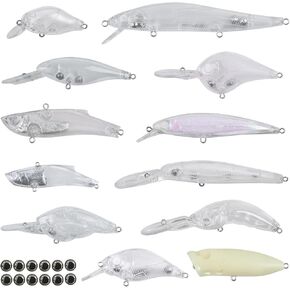 Unpainted Fishing Lures Making Kit DIY Blank Lures Crankbaits Minnow Jerkbait Hard Bait Set with Treble Hooks, Split Rings, Lure Eyes, Lure Stickers Lure Making Supplies Make Your Own Fishing Lures