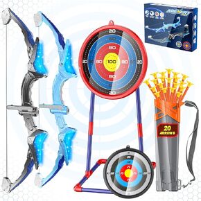 2 Pack Kids Bow and Arrow, 20 Suction Cup Arrows, 2 Archery Targets&Quiver, Light-up Set for Kids Ages 4-8 8-12, Indoor Outdoor Toys for Boys Girls, (Black & Blue
